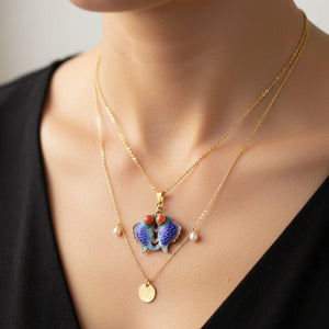 Vintage Gold Gilt Coral Enamel Kissing Fish Pendant Necklace - Boylerpf