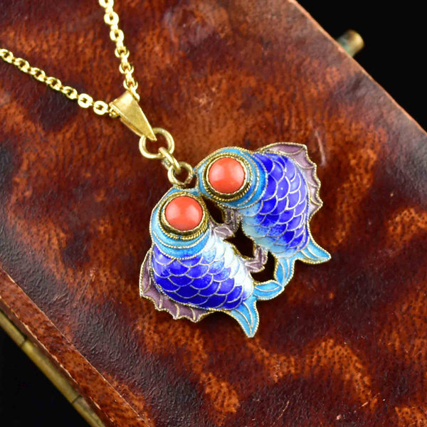 Vintage Gold Gilt Coral Enamel Kissing Fish Pendant Necklace - Boylerpf
