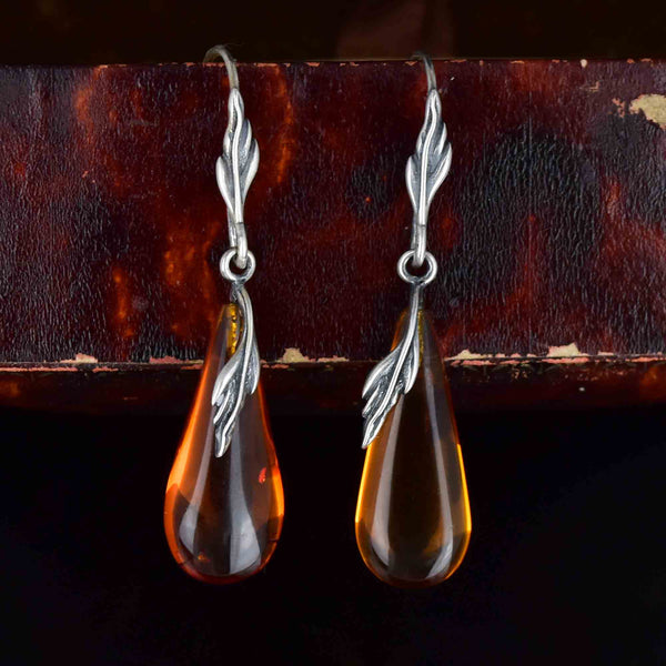 Arts and Crafts Style Silver Leaf Amber Cabochon Drop Earrings - Boylerpf