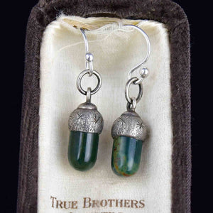 Vintage Arts and Crafts Style Silver Bloodstone Agate Acorn Earrings - Boylerpf