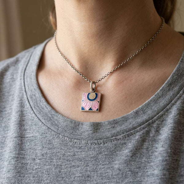 Sterling Silver Arts & Crafts Enamel Lotus Flower Necklace