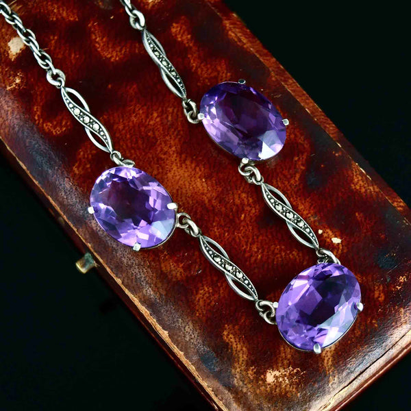 Art Deco Style Sterling Silver Amethyst Marcasite Necklace - Boylerpf