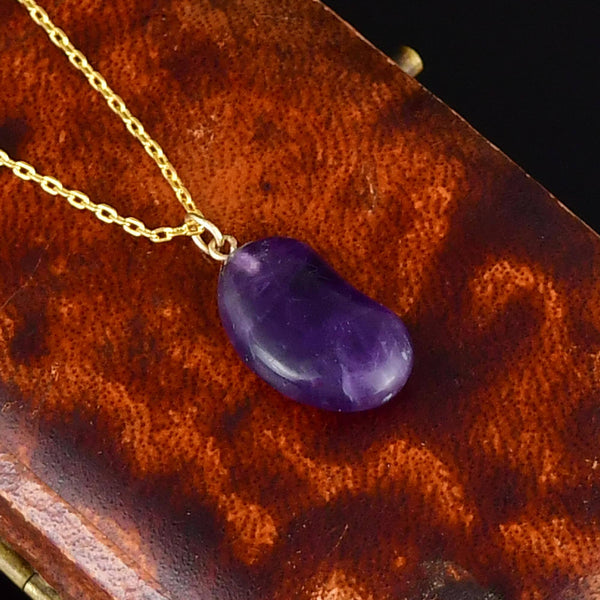 Vintage Amethyst 9K Gold Lucky Bean Pendant Necklace