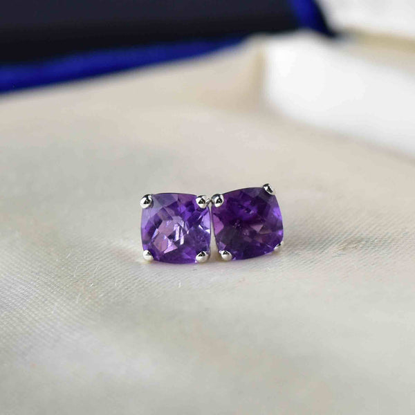 14K White Gold Checkerboard Amethyst Stud Earrings - Boylerpf