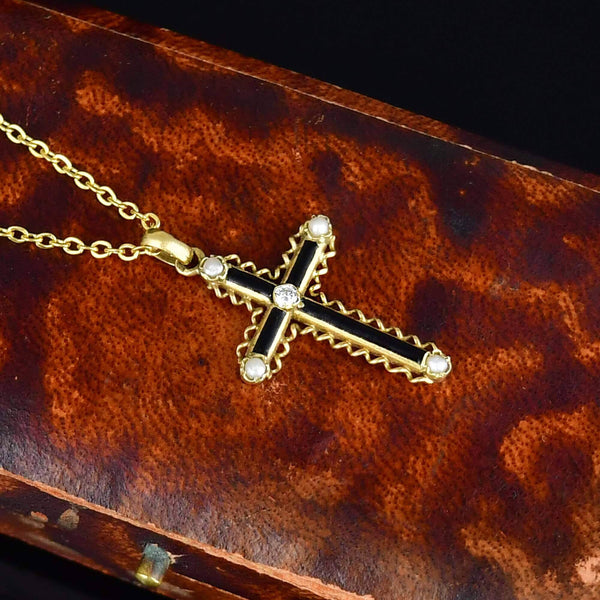 Antique 18K Gold Diamond Pearl Enamel Cross Pendant Necklace - Boylerpf