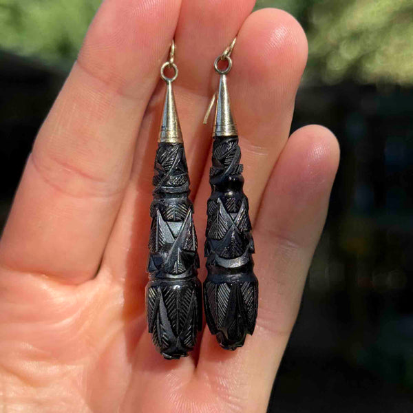 Antique Victorian Gold Carved Whitby Jet Earrings - Boylerpf