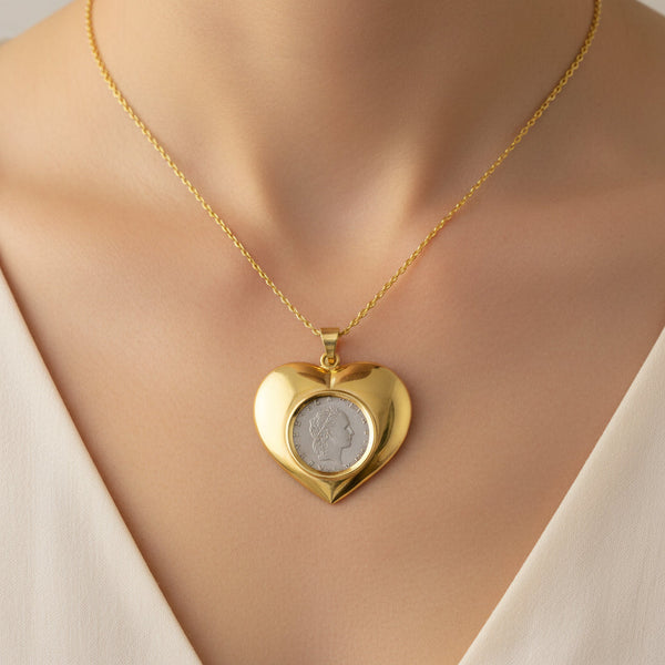 Vintage Lire Coin 14K Gold Heart Pendant Necklace