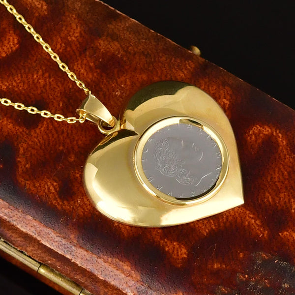 Vintage Lire Coin 14K Gold Heart Pendant Necklace