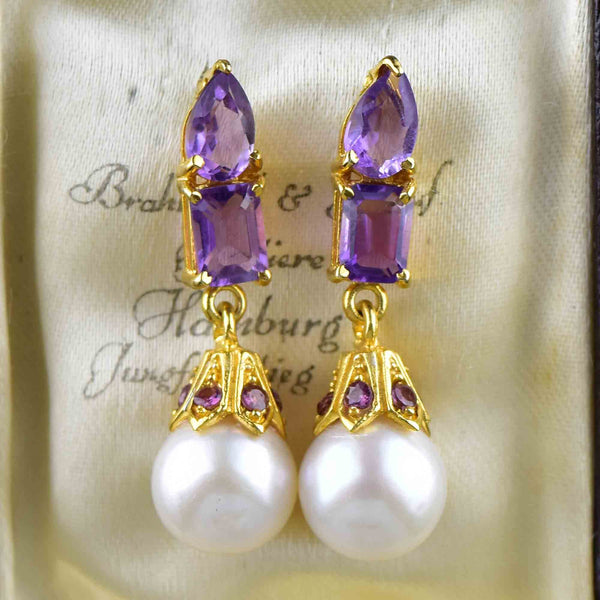 Vintage Amethyst Pearl Stud Drop Earrings - Boylerpf