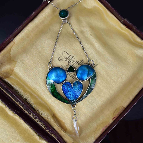 Silver Art Nouveau Blue Green Enamel Baroque Pearl Necklace - Boylerpf