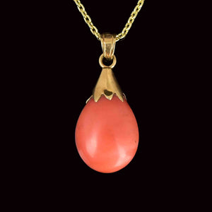 14K Gold Natural Salmon Coral Teardrop Pendant Necklace - Boylerpf