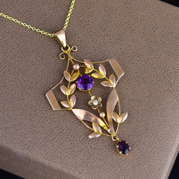 Antique Edwardian Gold Amethyst Seed Pearl Pendant - Boylerpf