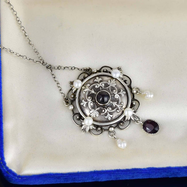 Antique Arts & Crafts Garnet Pearl Sterling Silver Necklace - Boylerpf