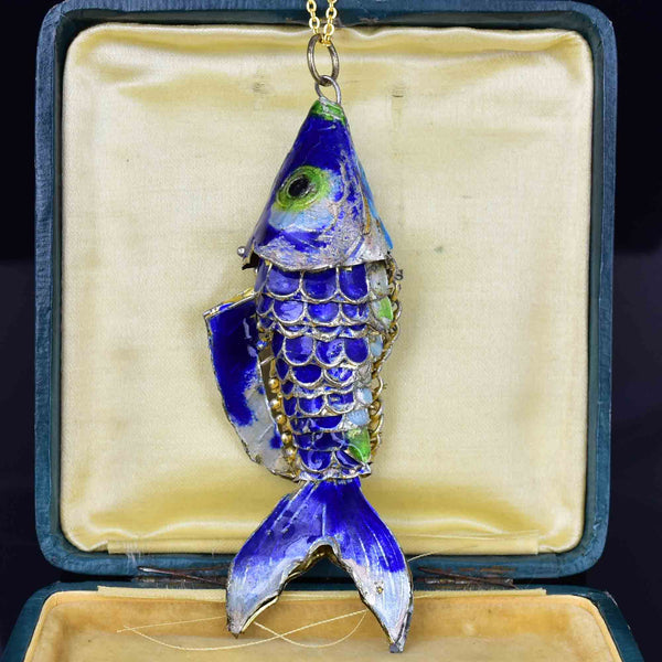 Vintage Large Articulated Blue Enamel Koi Fish Pendant Necklace - Boylerpf