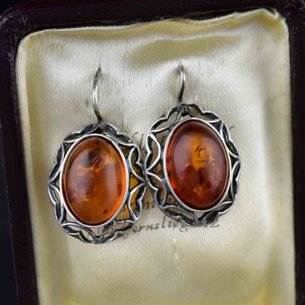 Vintage Silver Heart Amber Cabochon Statement Earrings - Boylerpf