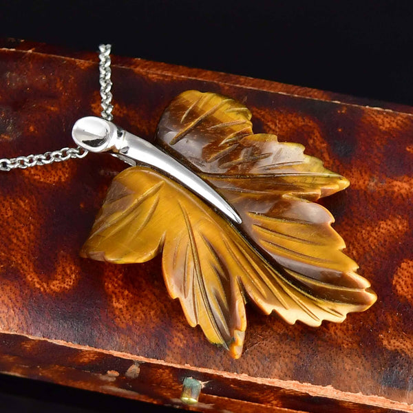 Vintage Tiger’s Eye Maple Leaf Pendant Necklace Sterling Silver - Boylerpf