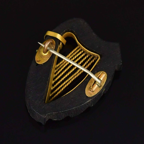 Antique Victorian Carved Irish Bog Oak Harp Brooch