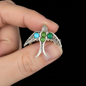 Antique Sterling Silver Turquoise Garnet Swallow Bird Brooch - Boylerpf