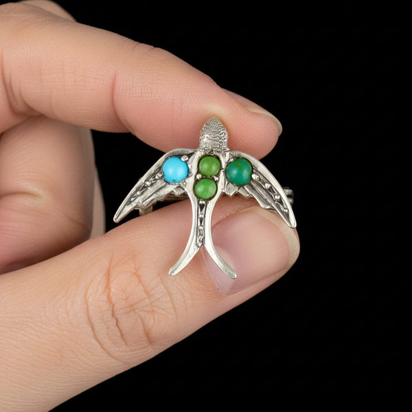 Antique Sterling Silver Turquoise Garnet Swallow Bird Brooch - Boylerpf