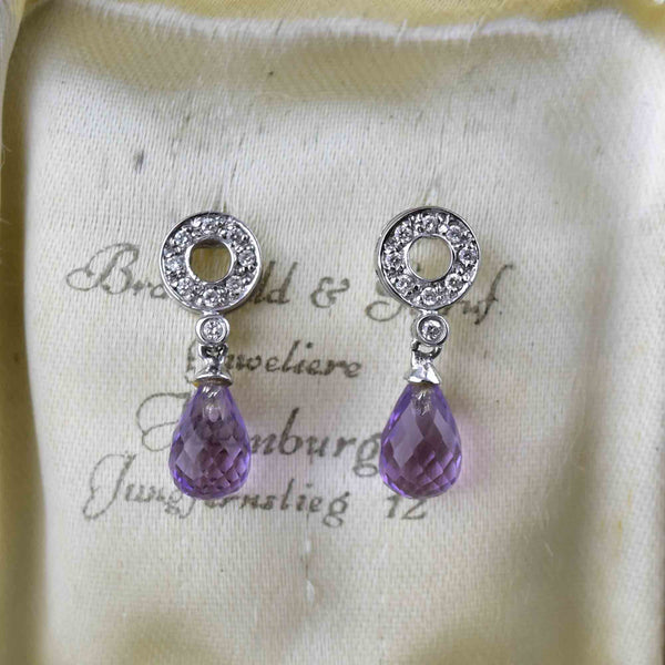 Vintage 14K White Gold Diamond Briolette Amethyst Earrings - Boylerpf