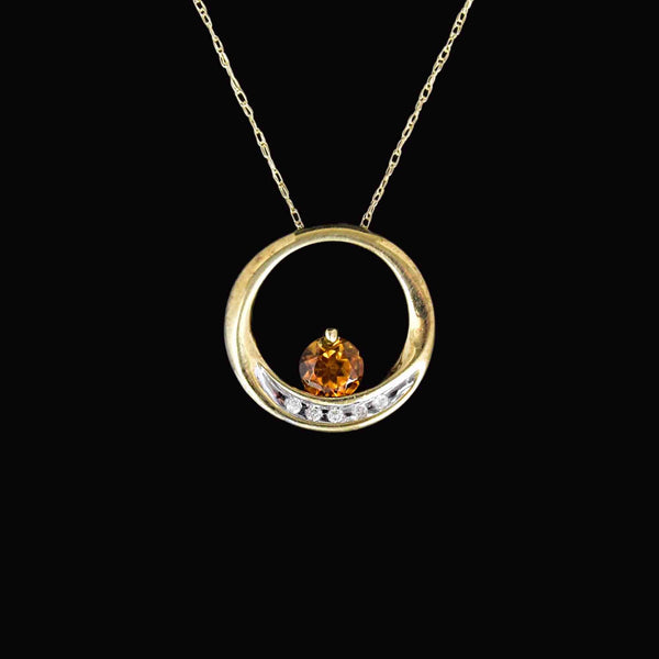 Vintage 10K Gold Diamond Citrine Circular Slider Pendant Necklace - Boylerpf