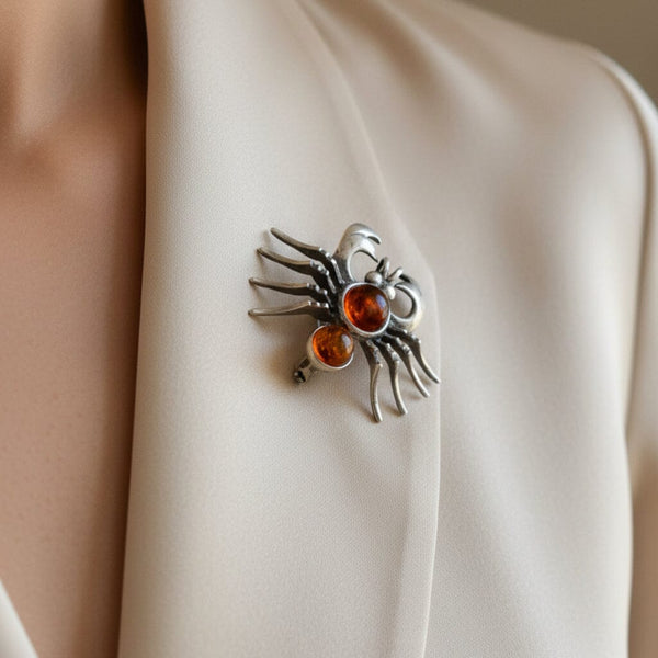 Vintage Amber Cabochon Sterling Silver Crab Zodiac Brooch