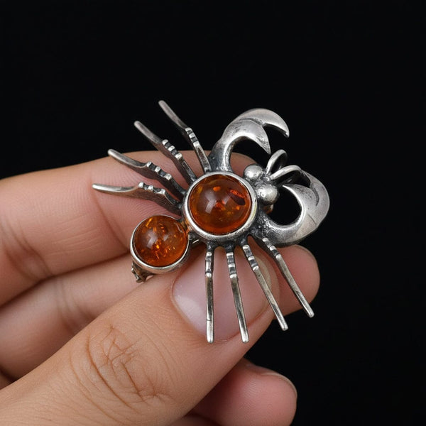 Vintage Amber Cabochon Sterling Silver Crab Zodiac Brooch