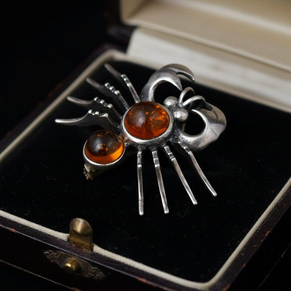 Vintage Amber Cabochon Sterling Silver Crab Zodiac Brooch