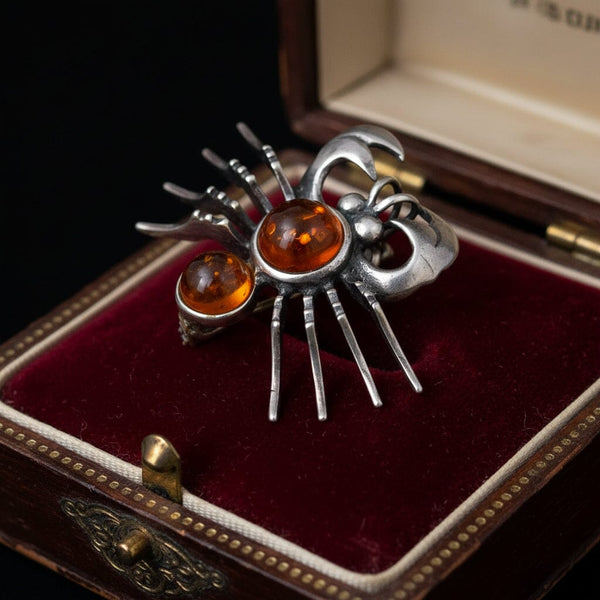 Vintage Amber Cabochon Sterling Silver Crab Zodiac Brooch