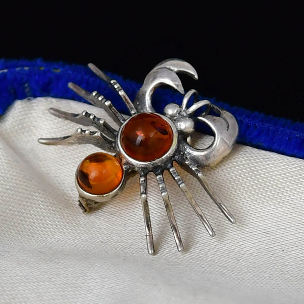 Vintage Amber Cabochon Sterling Silver Crab Zodiac Brooch