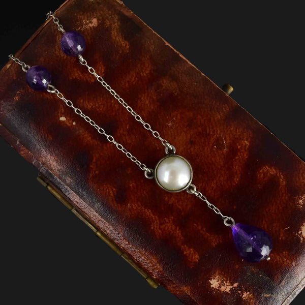 Antique Silver Amethyst Pearl Drop Pendant Necklace - Boylerpf