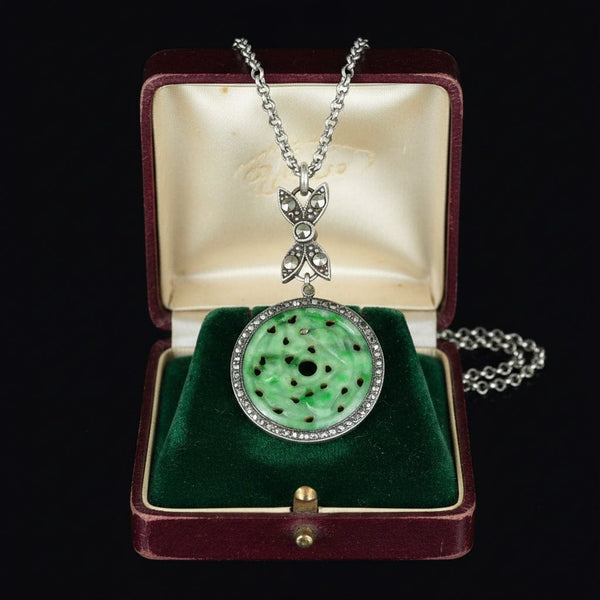 Vintage Art Deco Jade Marcasite Sterling Silver Necklace - Boylerpf