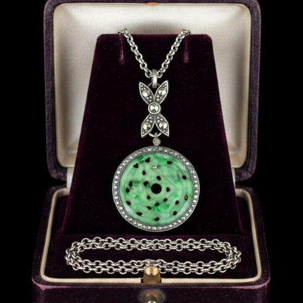 Vintage Art Deco Jade Marcasite Sterling Silver Necklace - Boylerpf