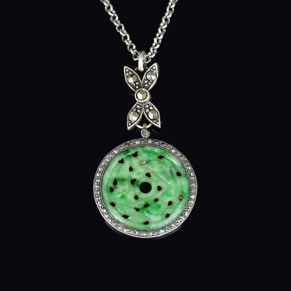 Vintage Art Deco Jade Marcasite Sterling Silver Necklace - Boylerpf