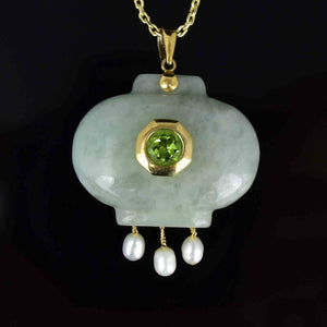 Vintage 14K Gold Carved Jade Peridot Pearl Pendant Necklace - Boylerpf