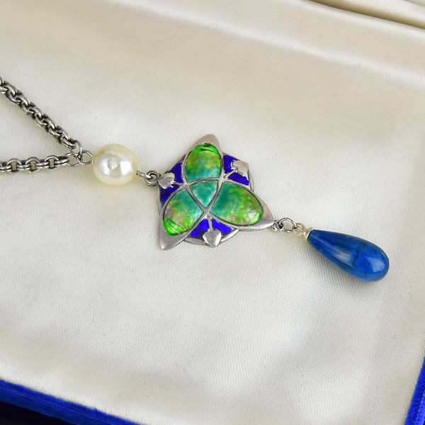 Art Nouveau Silver Enamel Pearl Lapis Lazuli Necklace
