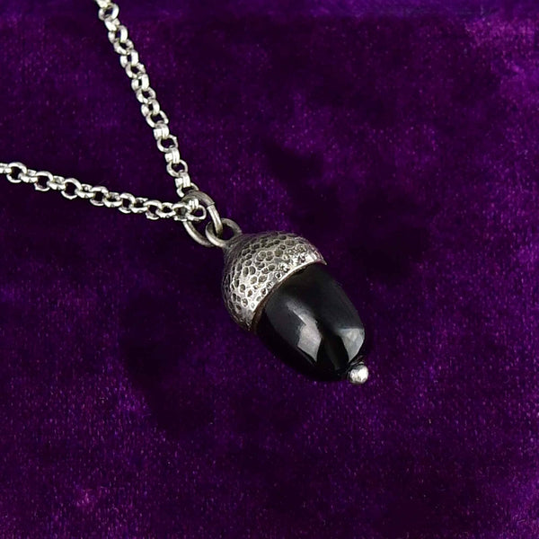 Antique Arts & Crafts Silver Whitby Jet Acorn Charm Necklace