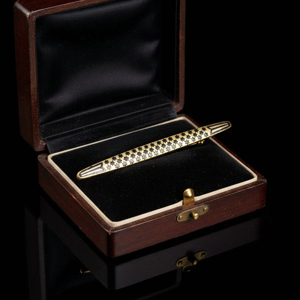 Vintage Black Enamel Star Gold Gilt Silver Bar Brooch