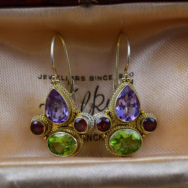 Vintage Garnet Amethyst Peridot Drop Earrings - Boylerpf