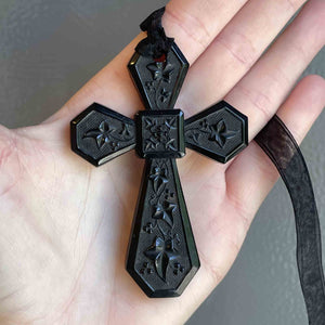 Large Victorian Vulcanite Ivy Leaf Cross Pendant Necklace - Boylerpf