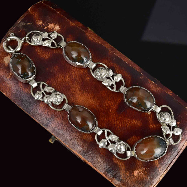 Vintage Arts and Crafts Style Silver Scottish Moss Agate Bracelet - Boylerpf