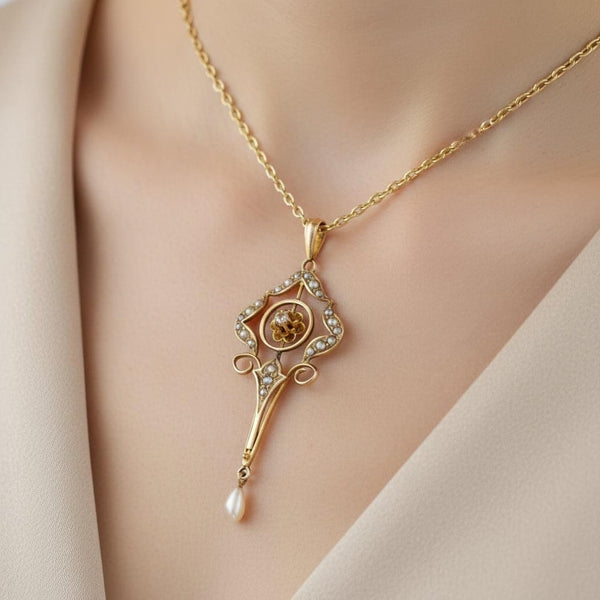 Antique 10K Gold Diamond Seed Pearl Lavalier Necklace