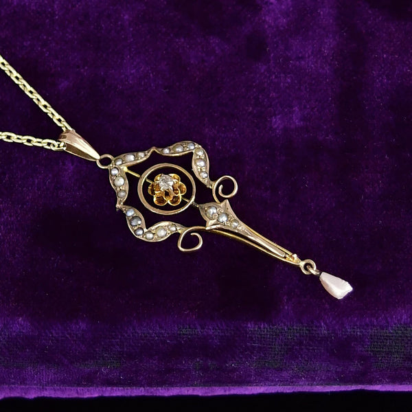 Antique 10K Gold Diamond Seed Pearl Lavalier Necklace