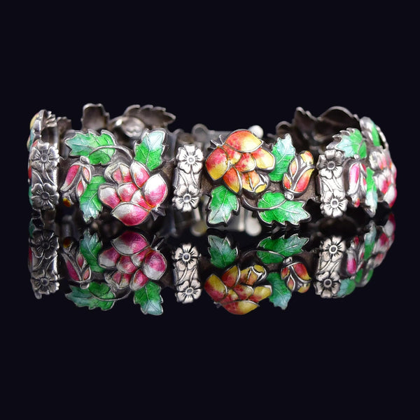 Antique Floral Enamel Sterling Silver Bracelet