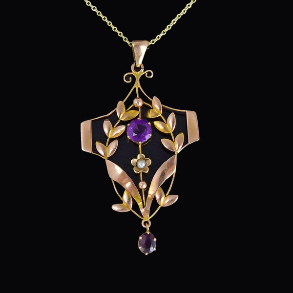 Antique Edwardian Gold Amethyst Seed Pearl Pendant - Boylerpf
