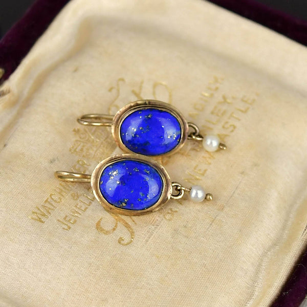 Vintage 9K Gold Lapis Lazuli Pearl Drop Earrings
