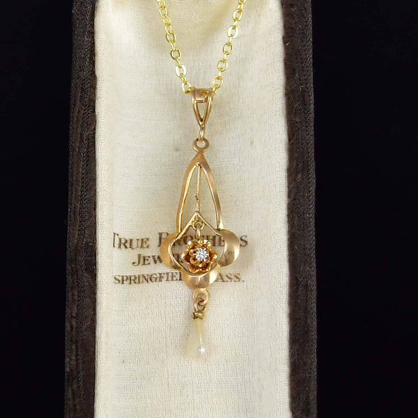 Antique Edwardian 10K Gold Diamond Pearl Lavalier Necklace - Boylerpf