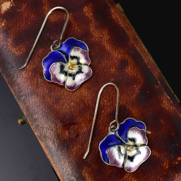 Vintage Art Nouveau Style Enamel Pansy Drop Earrings - Boylerpf