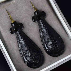 Antique Victorian Grapevine Carved Whitby Jet Drop Earrings - Boylerpf