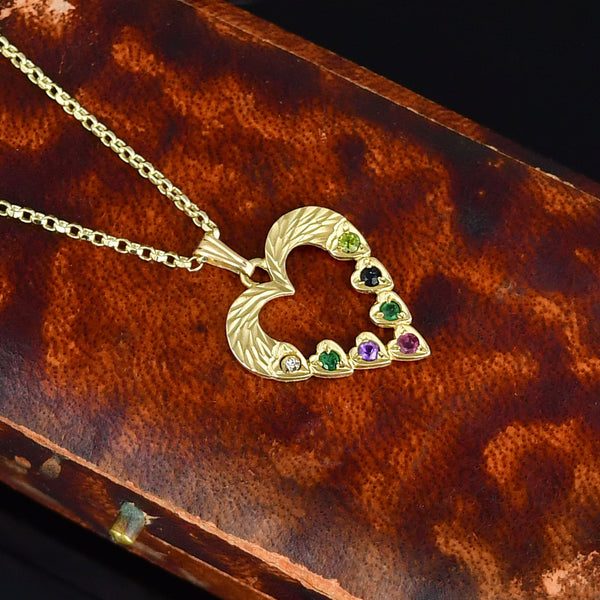 Vintage Multi Gemstone Acrostic 9K Gold Heart Pendant - Boylerpf